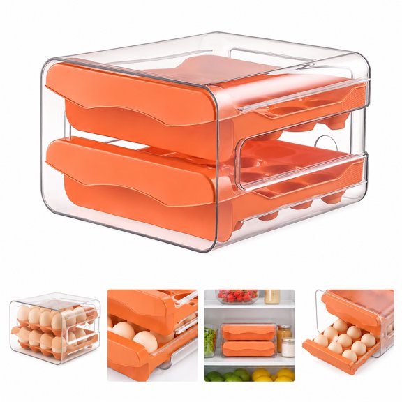 2-Tier Egg Holder for Refrigerator, 24-Egg Pull-Out Drawer Organizer with Clear Cover