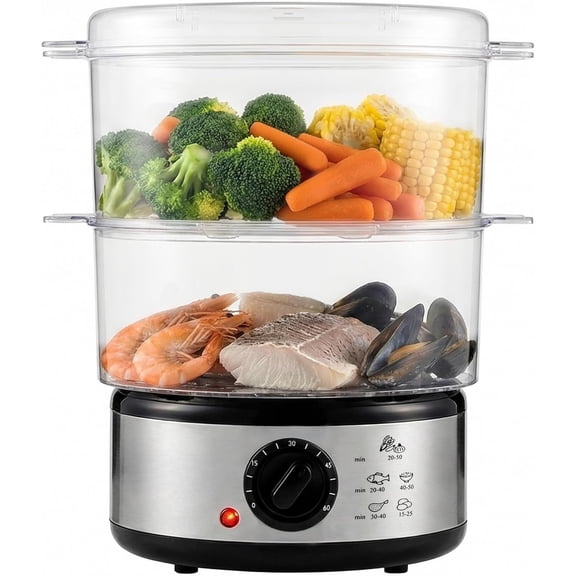 2-Tier Electric Food Steamer, 5 Quart Stainless Steel Stackable Steam Cooker with 400W Power, 60-Minute Timer & Auto Shut-Off, Dishwasher Safe, Healthy Vegetable & Seafood Steamer,