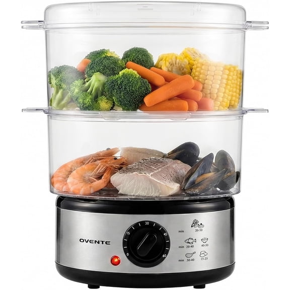 2-Tier Electric Food Steamer, 5 Quart Stainless Steel Stackable Steam Cooker with 400W Power, 60-Minute Timer & Auto Shut-Off, Dishwasher Safe, Healthy Vegetable & Seafood Steamer, Silver FS62S
