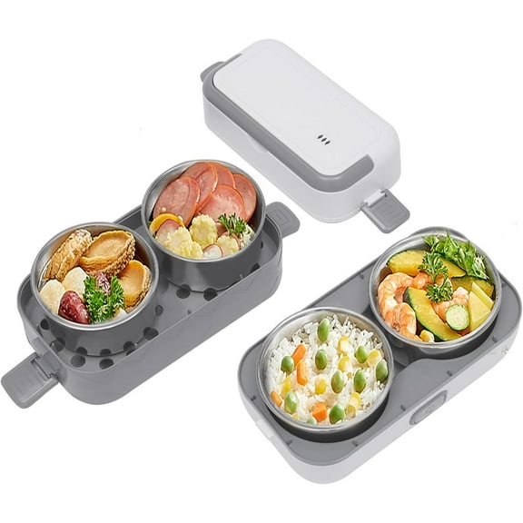 2-Tier Electric Lunch Box, 200W Self Heating Rice Bowl 360 Steam Circulation Portable Electric Lunch Box 1.81 Qt Mini Pot Lunch Warmer for Offices, Homes 10.35 x 5.04 x 8.58 Inches