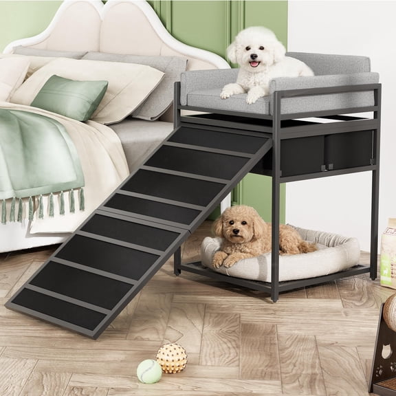2 Tier Elevated Dog Bed with Anti-Slip Ramp, Metal Frame Dog Window Perch with 2 Storage Drawers, Washable Cushion Dual Level Pet Bed for Small Medium Dogs Up to 62 Lbs