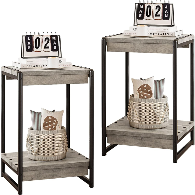 2 Tier End Table 20'' Large Nightstand for Living Room Rustic Metal