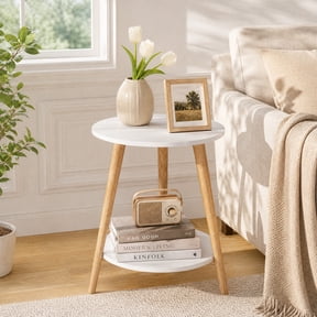 YEERSWAG 20 Inch Height Round Side Table, 2-Tier End Table with Storage Shelf, Modern Nightstand with Solid Wood Legs, Waterproof Sturdy Accent Table for Living Room Bedroom Sofa Couch, White