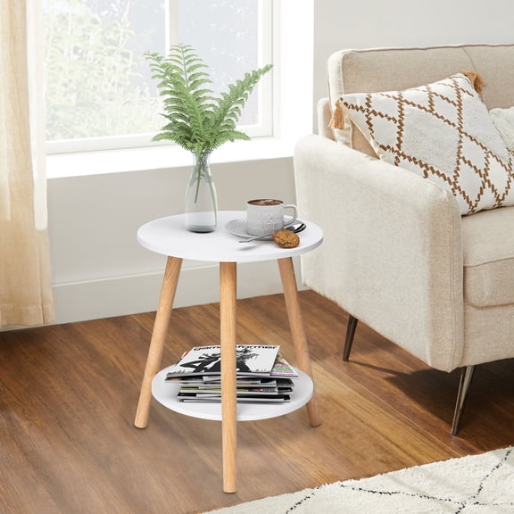 YEERSWAG® 20 Inch Height Round Side Table, 2-Tier End Table with Storage Shelf, Modern Nightstand with Solid Wood Legs, Waterproof Sturdy Accent Table for Living Room Bedroom Sofa Couch, White