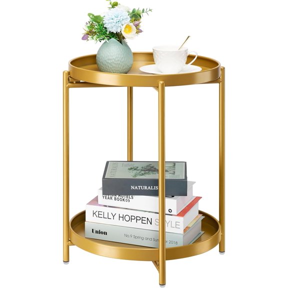 2-Tier End Table, Outdoor Side Table Metal Round Side Table with Removable Tray, Small Folding Accent Table, Anti-Rust Nightstand for Bedroom Balcony Patio Living Room, Set of 2 (Gold)
