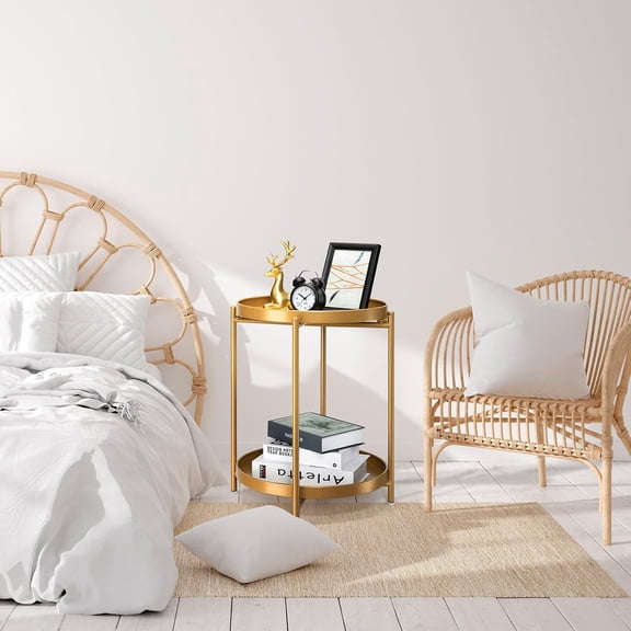 2-Tier End Table, Outdoor Side Table Metal Round Side Table with Removable Tray, Small Folding Accent Table, Anti-Rust Nightstand for Bedroom Balcony Patio Living Room (Gold)