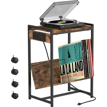 2-Tier End Table Record Player Stand with Charging Station and Vinyl Storage Shelf, Brown