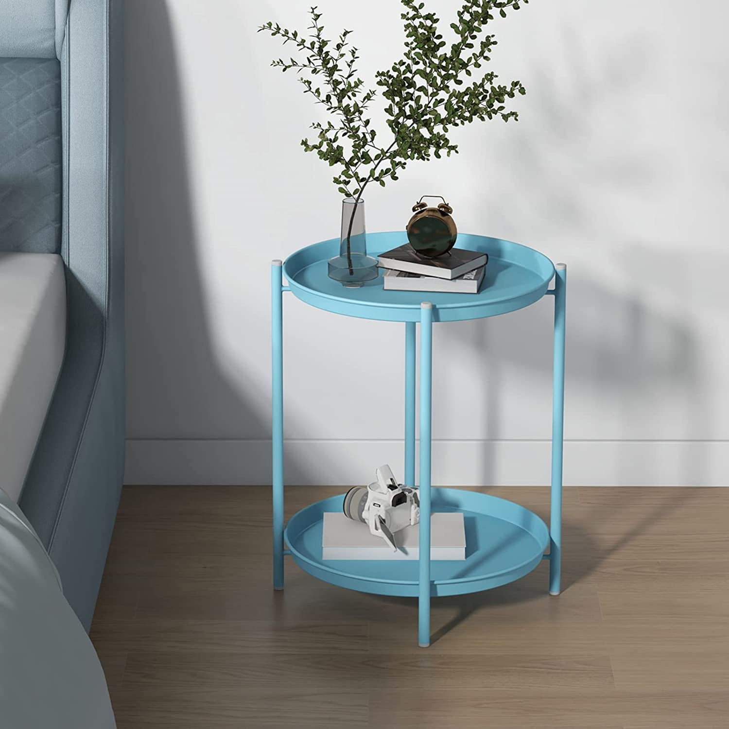 Blue 2-Tier Round Metal Side Table with Removable Trays