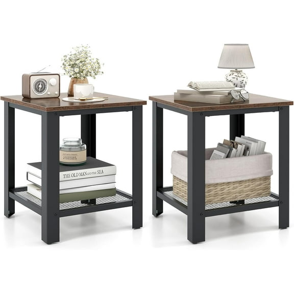 2-Tier End Table Set of 2, 16 Inch Small Side Table w/Mesh Storage Shelf, Industrial Telephone Table with Heavy-Duty Metal Frame, Square Sofa Table for Small Space Living Room, Rustic Brown