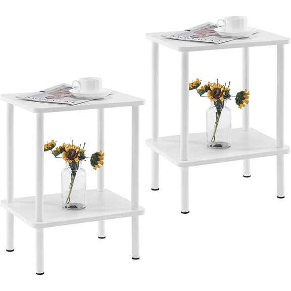 2 Tier End Table Set of 2, Boho Side Table with Storage Shelf, Nightstand Bedside Table for Small Spaces, Bedroom, Living Room, Entryway, Farmhouse, Easy Assembly, White
