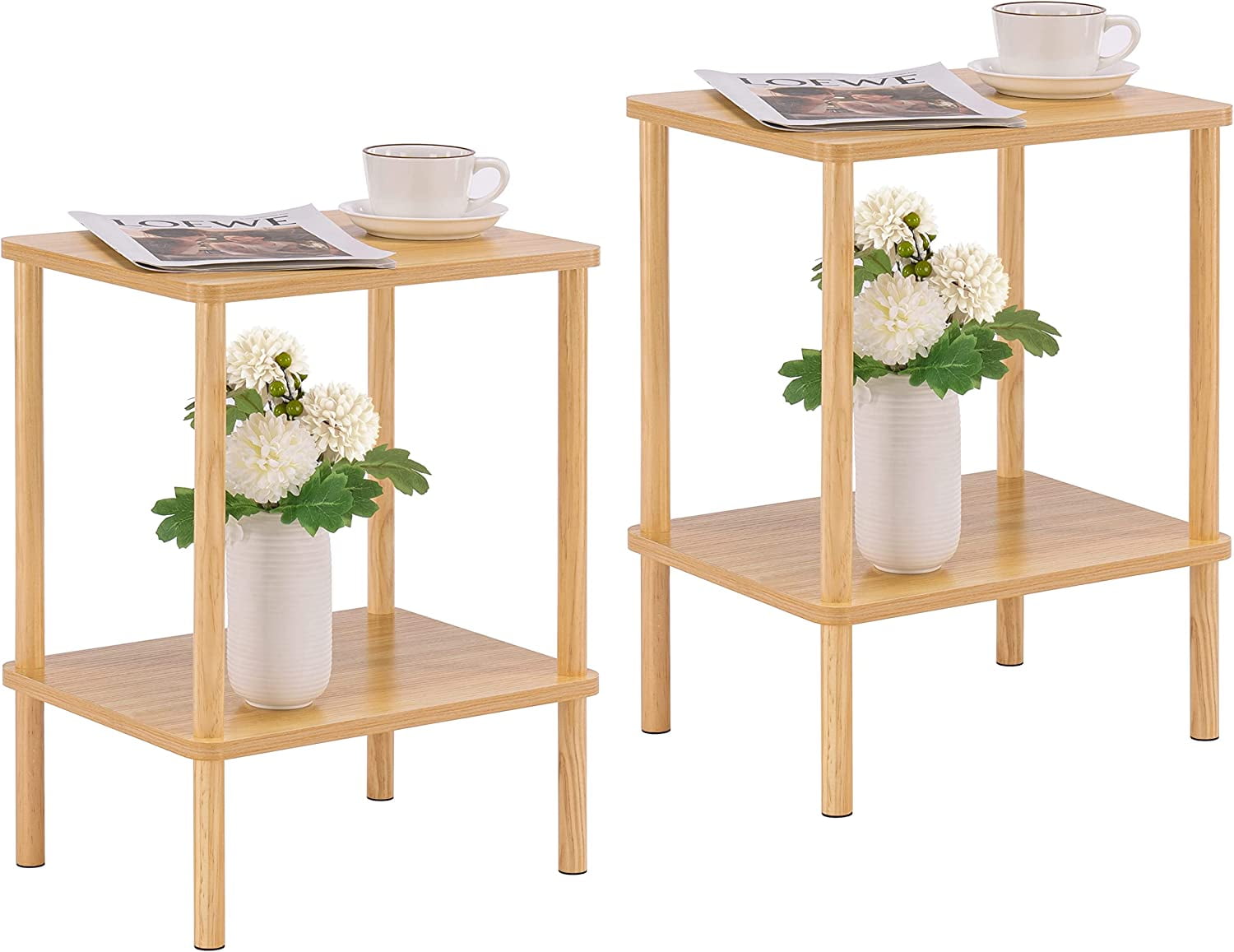 2 Tier End Table Set of 2, Small Side Table with Solid Wood Legs, Boho ...