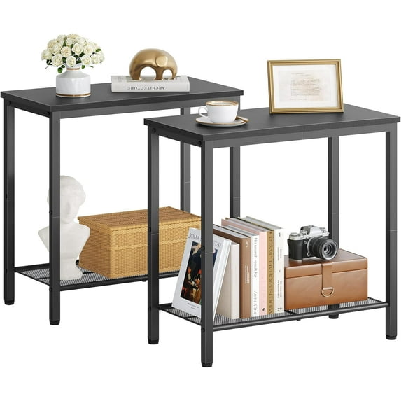 2 Tier End Table, Sofa Side Table, Narrow Side Shelf with Storage, Slim Nightstand for Small Spaces, Metal Frame, for Living Room, Bedroom, Sofa Couch, Hall, Black, 2 Set