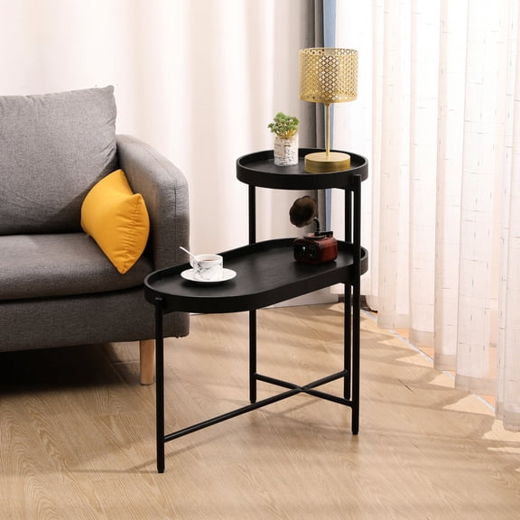 2-Tier End Table | Suitable for Small Spaces, Spill Proof Surface | Metal & MDF Construction, Round Upper Tray | Anti-Wobbling Design