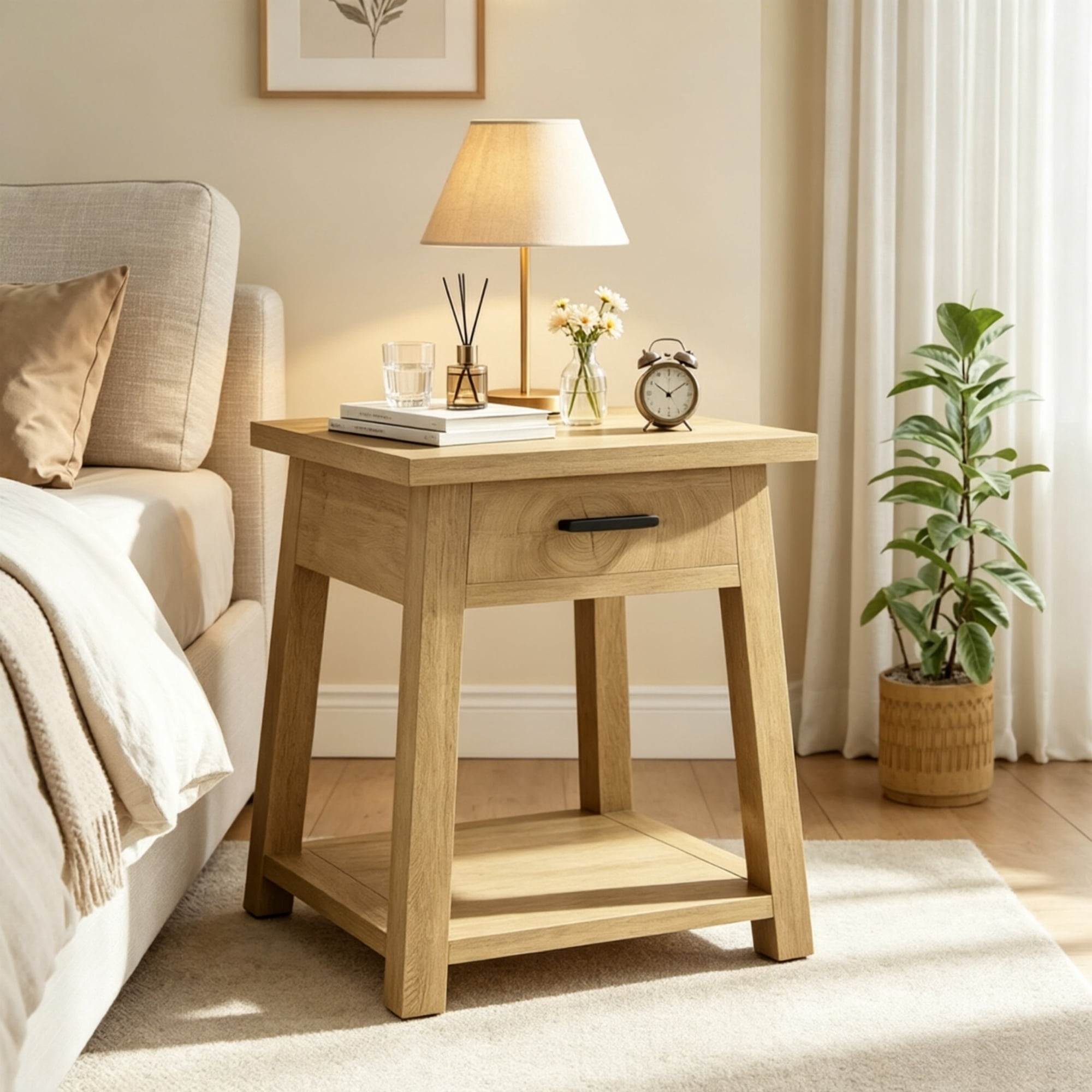 2 Tier End Table with Drawer Wooden Side Table with Shelf Storage