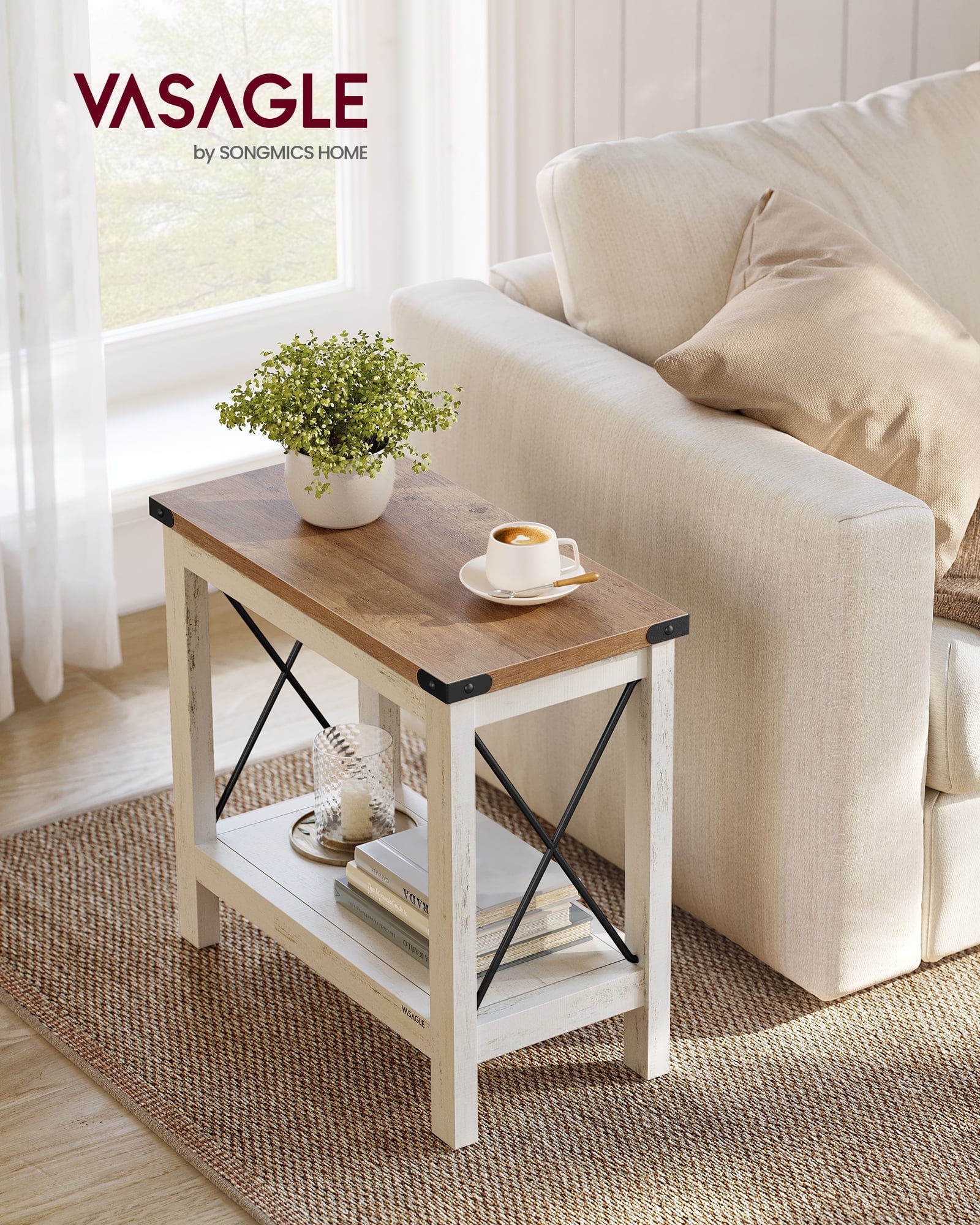 2-Tier End Table with Lower Shelf, Small Accent Table Nightstand, Rustic Farmhouse Design, Sturdy Wooden Construction – Honey Brown & White