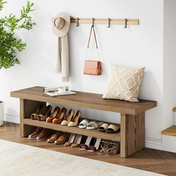 2 Tier Entryway Bench, 47.24" Shoe Bench, Rustic Shoe Rack, Wooden Storage Bench for Entryway Hallway Living Room Bedroom, Easy Assembly, Oak Color