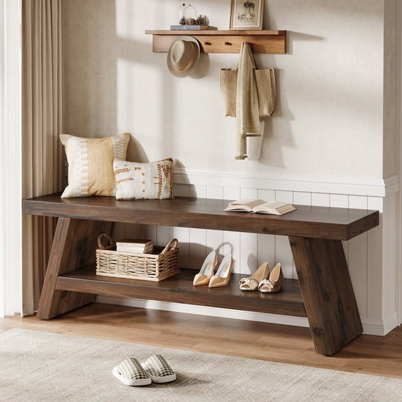 2-Tier Entryway Bench Solid Wood Shoe Bench With Open Storage Shelves Dark Brown For Hallway Entry Closet Bedroom Farmhouse Decor