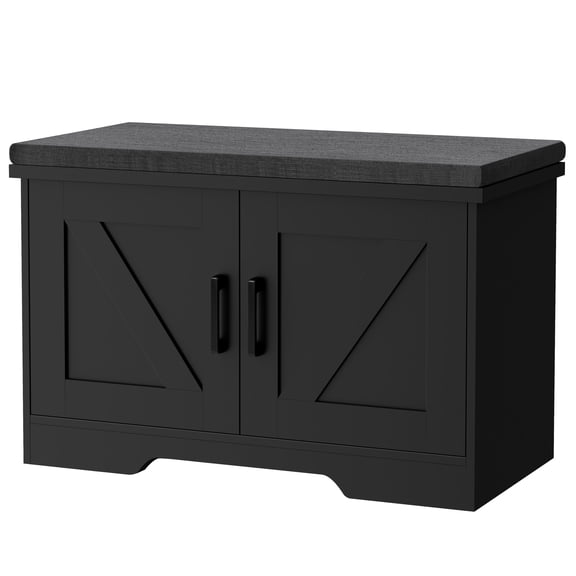 2-Tier Entryway Storage Bench, 27.6 Inch Wide Shoe Bench with Padded Seat Cushion, Storage Bench with 2 Barn Doors and Adjustable Shelf, Black