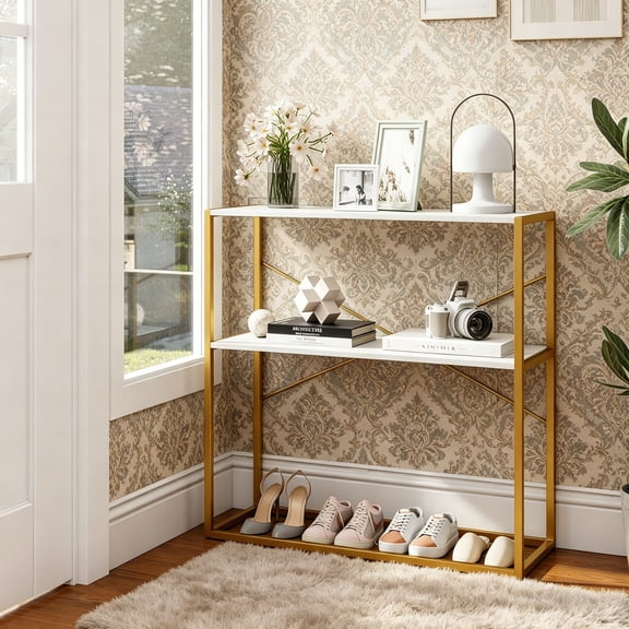 2-Tier Entryway Table, 36 Console Table with Open Storage Shelf, Faux Marble Top & Metal Frame, Modern Narrow Long Behind Sofa Table for Living Room, Hallway, Entry, White & Gold