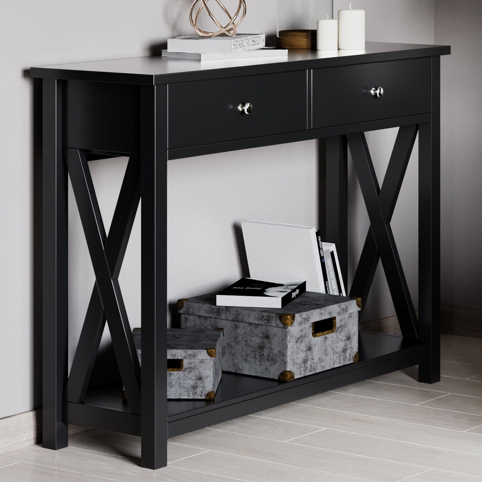 Black Wood and Metal Console Table with Storage Drawers