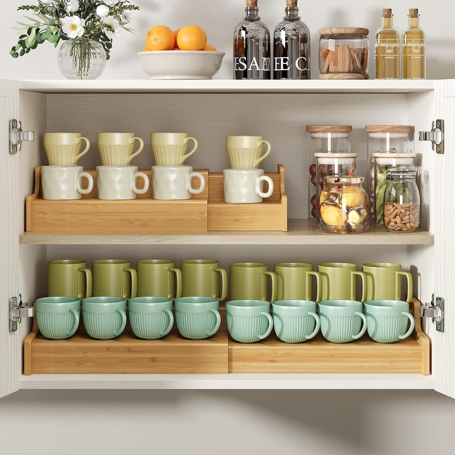 Cuboard Mug Racks 2-Tier Expandable Bamboo Mug Holder Coffee Mug Rack Organizer for ...