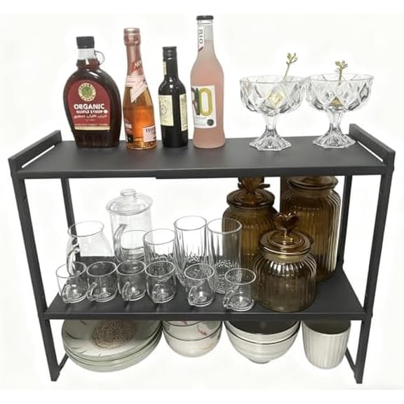 2 Tier Expandable Cabinet Shelf Organizer 14.5-25" L Kitchen Counter Shelf Rack Stand Sink Riser Countertop Storage Black (Normal 7.9”D)