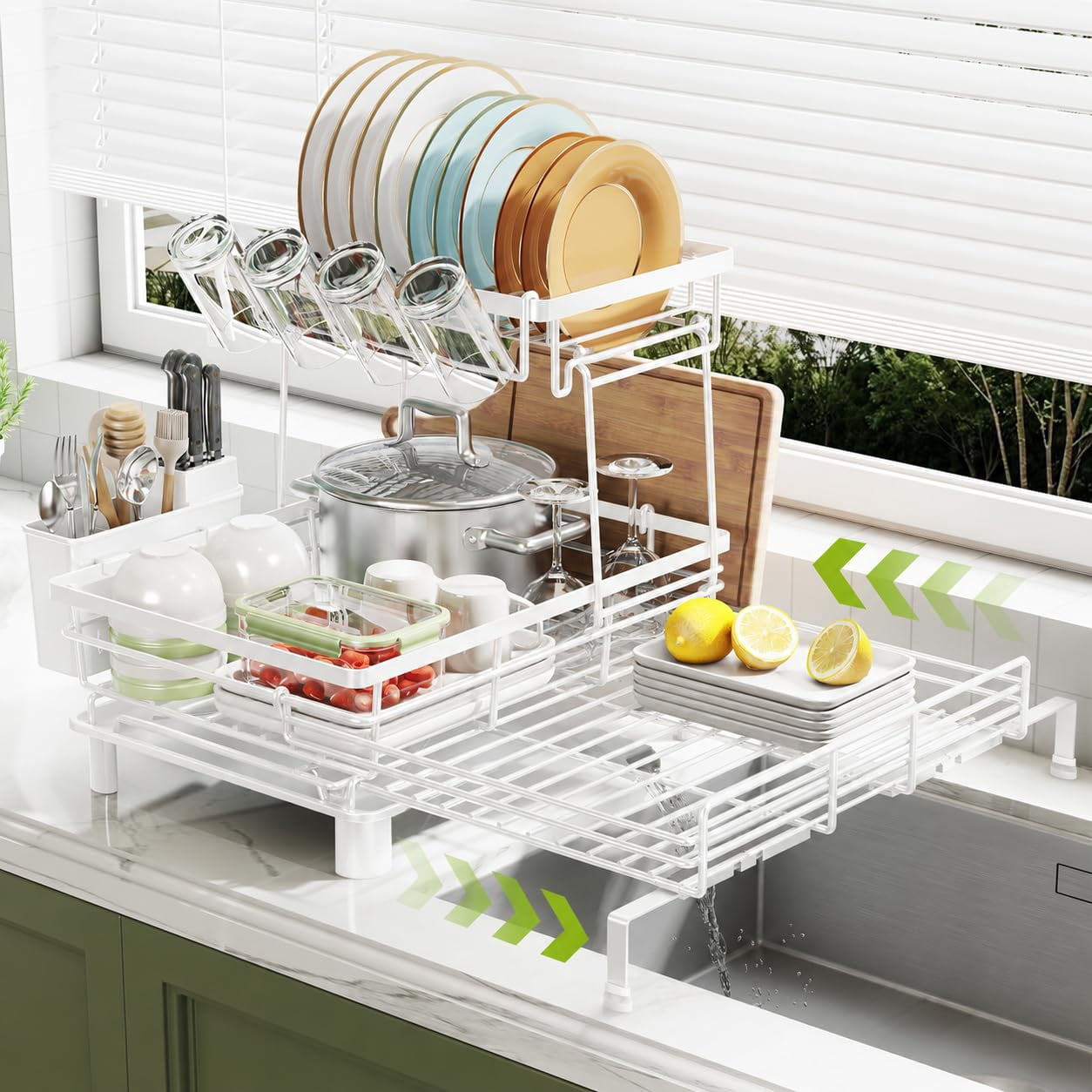 Kitchen Disc Rack 2-Tier Expandable Dish Drying Rack for Kitchen Counter,Large Capacity ...