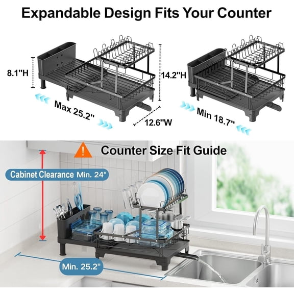 2 Tier Expandable Dish Drying Rack with Drainboard, Rust Resistant Kitchen Counter Organizer for Plates Bowls Pots