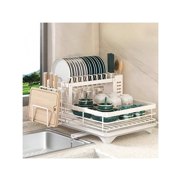 2-Tier Expandable Foldable Dish Drying Rack with Drain Tray, Pot Rack, Cup Hooks & Utensil Holder, Heavy Duty Large Capacity Black Metal Dish Drainer for Kitchen Counter & Sink