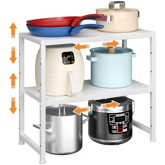 2-Tier Expandable Kitchen Storage Shelf,150LBS Heavy Duty Metal Shelving Units For Small Appliance,Adjustable Pots and Pans Organizer Rack Shelves For Kitchen Counter Under Cabinet Garage Pantry,