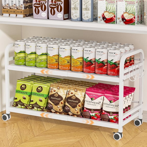 2-Tier Expandable Rolling Cart, Pantry Storage Cart with Wheels, Adjustable Rolling Pantry Floor Organizer, Metal Under Desk Cart, Sturdy Can Storage & Snack Organizer for Kitchen Pantry