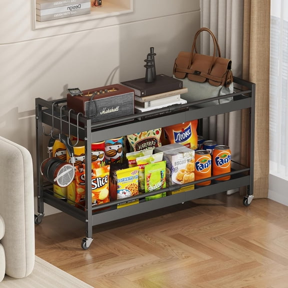 2 Tier Expandable Rolling Cart with wheels, pantry organizers and storage