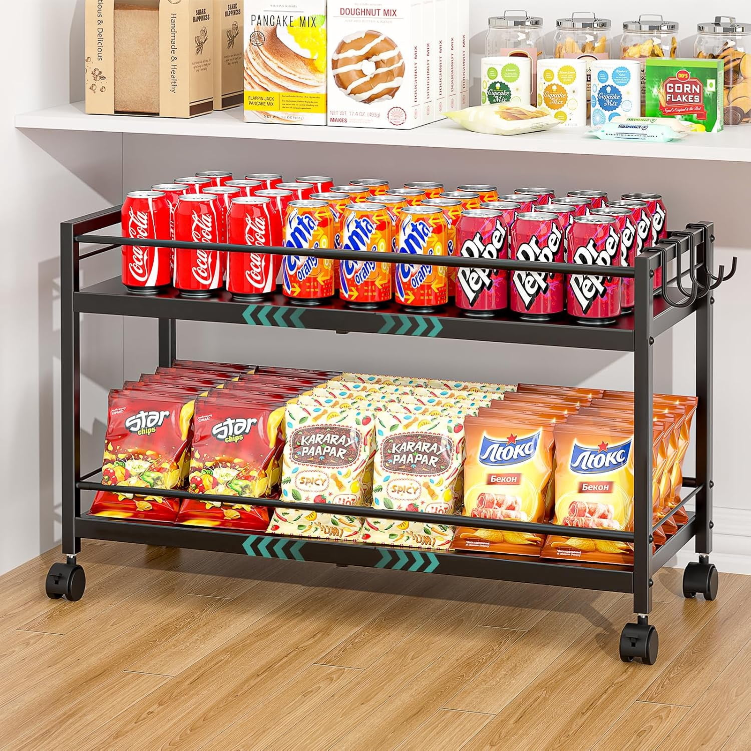 Storage Racks For Pantry 2-Tier Expandable Rolling Pantry Cart with Wheels, Adjustable Floor ...