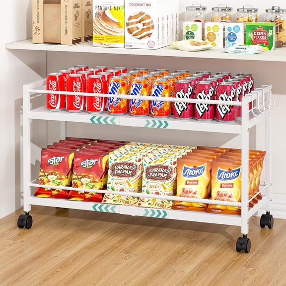 2-Tier Expandable Rolling Pantry Cart with Wheels Adjustable Floor Organizer for Kitchen Storage White