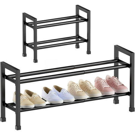 2-Tier Expandable Shoe Rack,17"-33" Adjustable Shoe Rack for Closet,Metal Shoes Shelves for Front Door Entrance, Garage & Corridor, Free Standing Shoe Holders, Easy to Assemble,Black