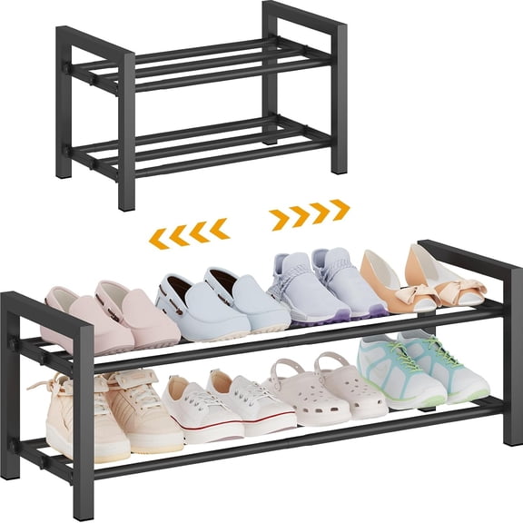 2-Tier Expandable Shoe Rack (17.5"-30.7") Adjustable Heavy-Duty Metal Shoe Organizer Shelf for Closet, Entryway, Mudroom & Garage Durable Freestanding Storage, Black