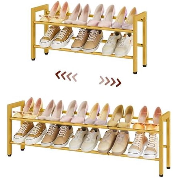 2-Tier Expandable Shoe Rack, Adjustable Shoe Shelf Storage Organizer Space Saving Metal Free Standing Shoe Rack for Entryway Closet Doorway, Gold