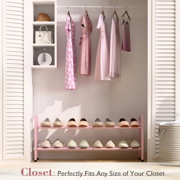 2-Tier Expandable Shoe Rack for Closet, 18“-33” Adjustable Shoe Rack for Small Space, Small Shoe Organizer for Front Door, Sturdy Metal, Pink