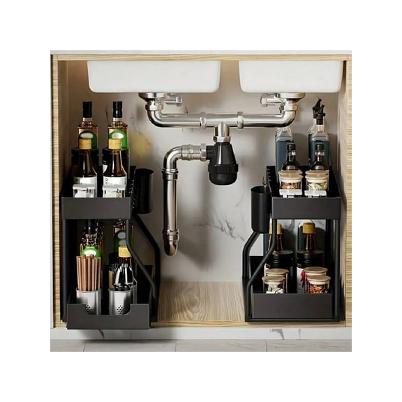 2-Tier Expandable Under Sink Organizer and Storage, R-Shaped Pull Out Cabinet Shelf with Adjustable Height, Heavy Duty Sliding Kitchen Drawer, White