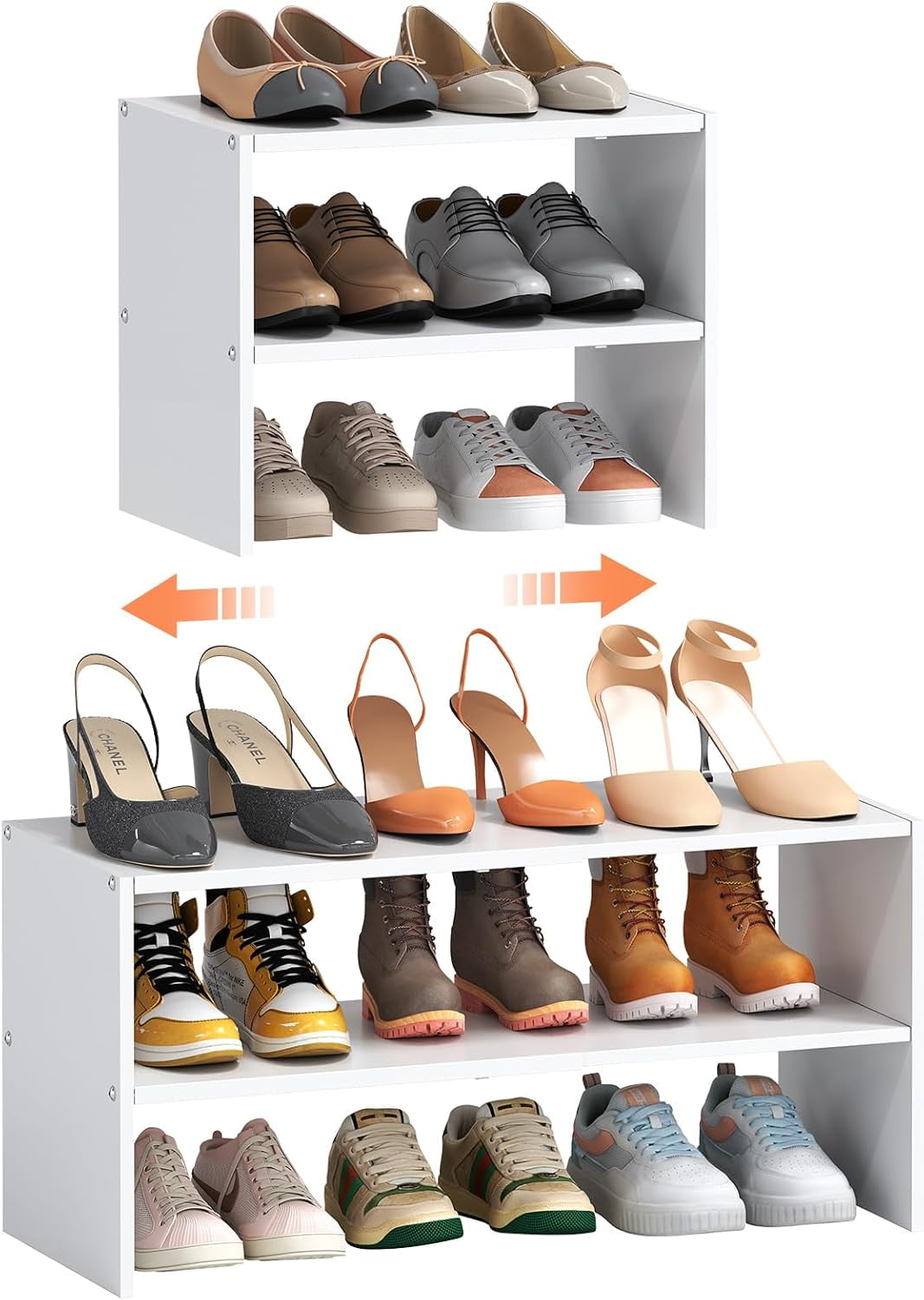 Stackable Combined 2-Tier Expandable White Shoe Rack Organizer for Closet, Stackable Shoe ...