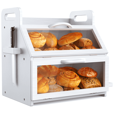 2-Tier Extra Large Bread Box, Double Layer Bamboo Bread Box for Homemade Bread, Wooden Bread Storage Container with Tool Holder & Handles & Window, Assembly Required(14.9" x 11" x 15.3") White
