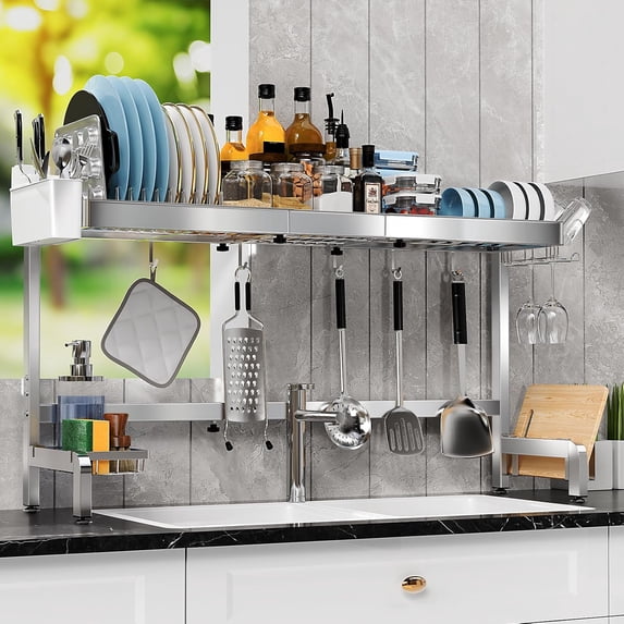 2 Tier Extra Large Over The Sink Dish Drying Rack, Expandable Stainless ...