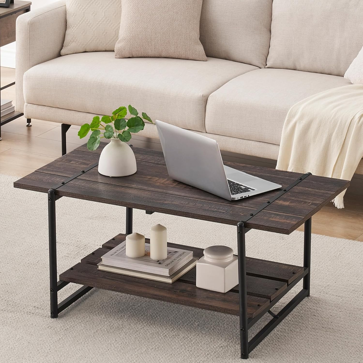 Farmhouse 2-Tier Wood Coffee Table With Metal Frame - 41" Large Gray Rectangle Table, Storage Shelf, Rustic Industrial Style For Living Room