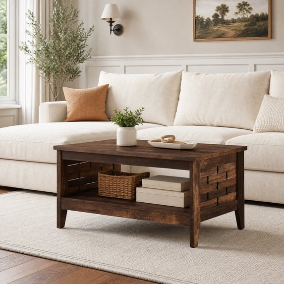 2-Tier Farmhouse Coffee Table with Open Shelf, Rectangular Center Table for Living Room, Rustic Brown