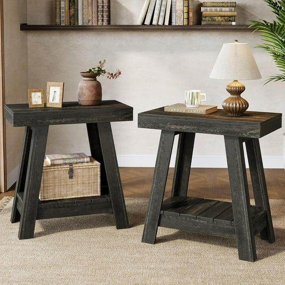 2-Tier Farmhouse End Table, Small Sofa Side Table with Storage for Living Room, Bedroom, Small Spaces, Rustic Grey