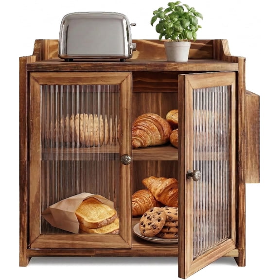 2-Tier Farmhouse Wooden Bread Box With Fluted Glass Doors, Rustic Kitchen Counter Organizer