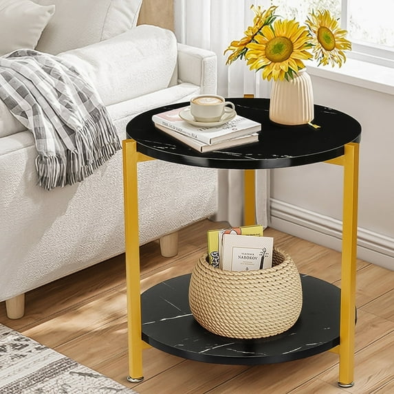 2-Tier Faux Marble End Table, Modern Accent Round Side Table for Living Room Gold Frame Black
