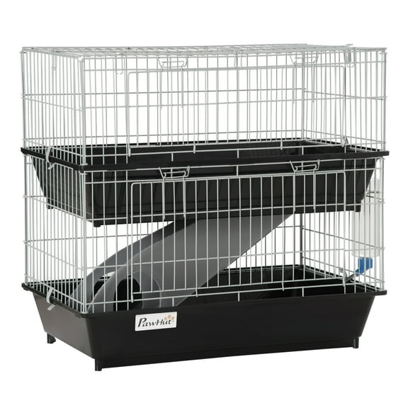 2-Tier Ferret Cage, Mouse Cage with Ramp & Bottle - Small Animal Habitat for Chinchillas, Guinea Pigs - 2-Door Platform Cage with Deep Trays Black + Metal