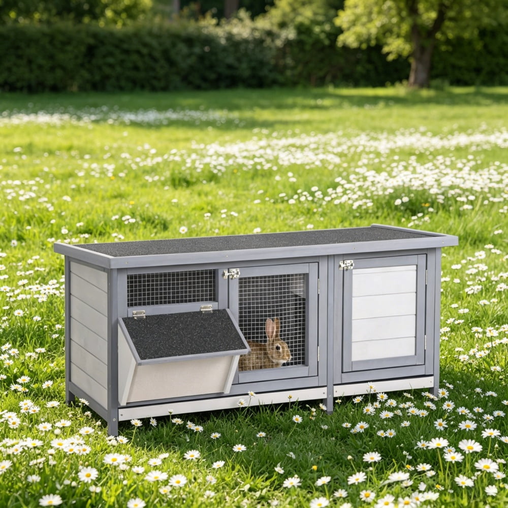 2-Tier Fir Wood Rabbit Hutch, Weatherproof Asphalt Roof Small Animal Cage with Pull Out Trays, Predator Resistant Steel Wire Bunny House for Rabbits Guinea Pigs Backyard Garden Use