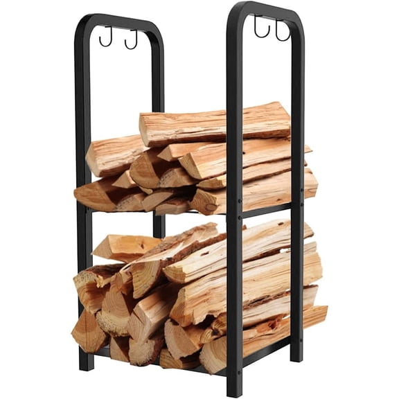 2-Tier Fireplace Firewood Rack Holder for Indoor Outdoor, Small Fire Wood Holder Log Storage Stacker Stand for Patio, Black(Without Wheels)